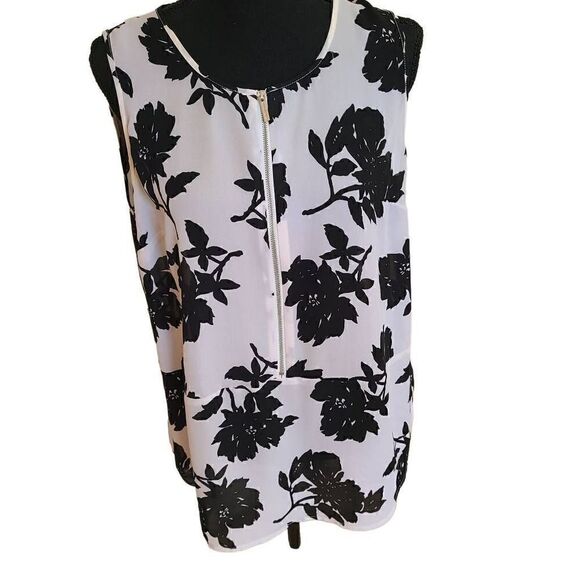 MICHAEL Michael Kors Black White Print Sleeveless Zip Front Floral Blouse Medium - Picture 15 of 15